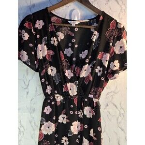 Candies Women's XS Long Dress With Shorts, Black And Pink Floral 54" In Length